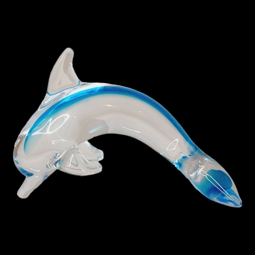 Marcolin Lead Crystal Art Glass Cobalt Blue Dolphin Signed‎ Sardinia Italy 4"